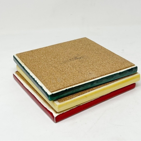 Set Of 3 Vintage FRASER CLAY WORKS Cork Back Tiles Trivets Red Green Yellow USA - Picture 10 of 10